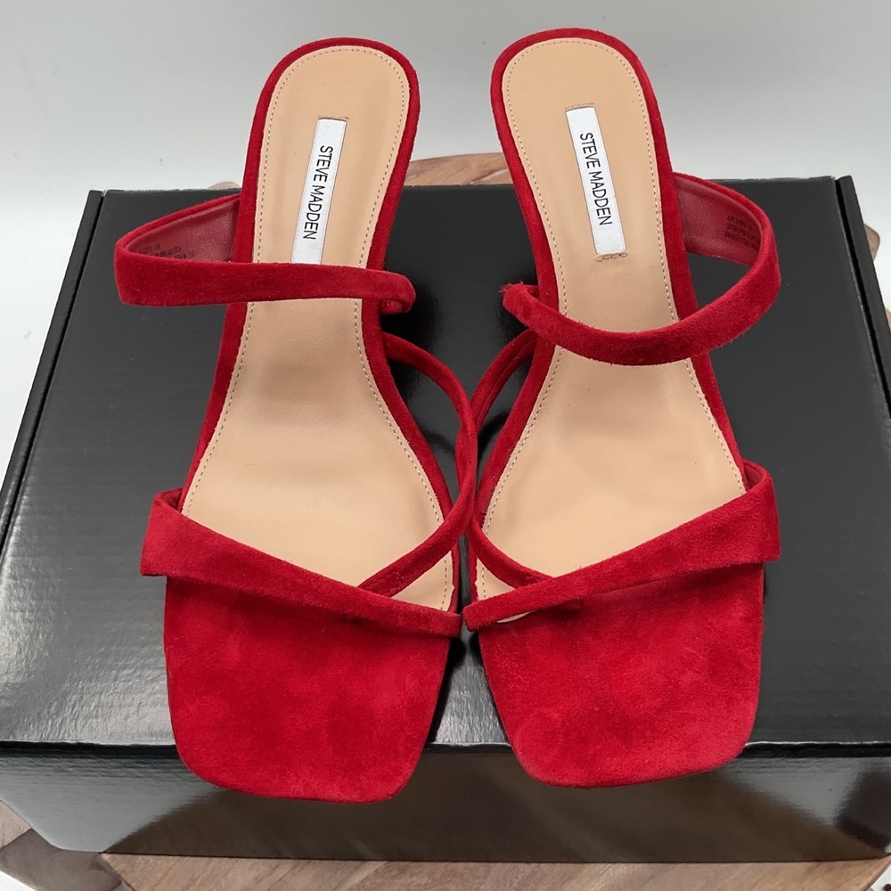 Steve Madden Red Suede Multi Strap Square Toe Kitten Heel Sandals Mules